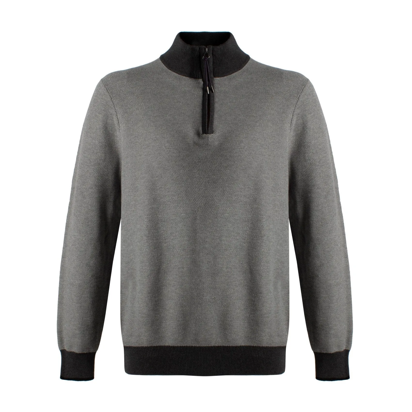 Cotton Mock Oxford Knit Zip-Neck Sweater in Charcoal in Tall Sizes by Leo Chevalier