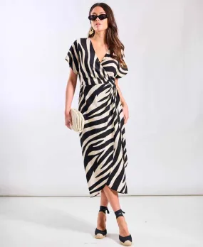 Cream Animal Viscose Wrap Midi Dress