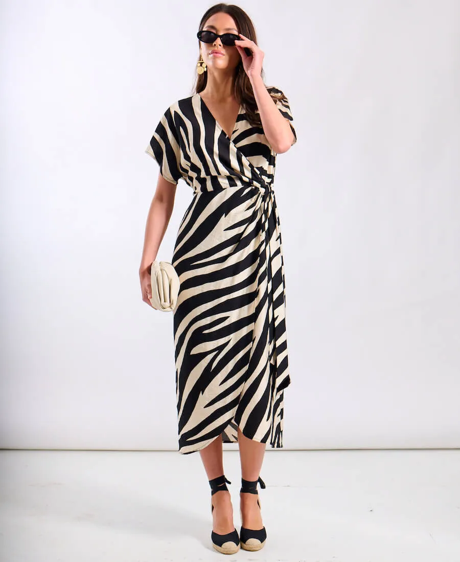 Cream Animal Viscose Wrap Midi Dress