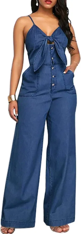 Dark Denim Sleeveless Bow Tie Sleeveless Jumpsuit