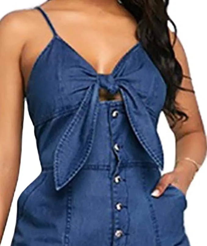 Dark Denim Sleeveless Bow Tie Sleeveless Jumpsuit