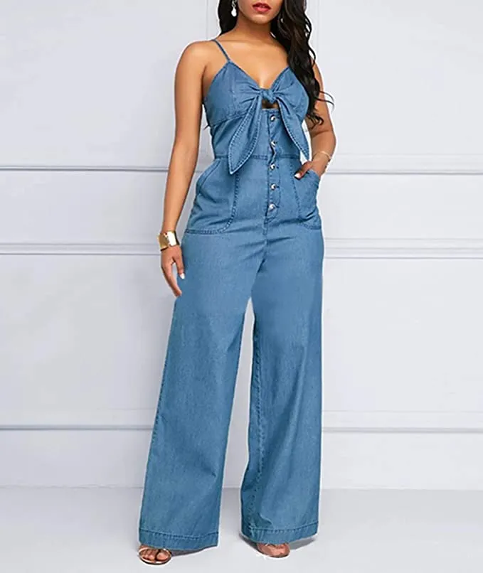 Dark Denim Sleeveless Bow Tie Sleeveless Jumpsuit