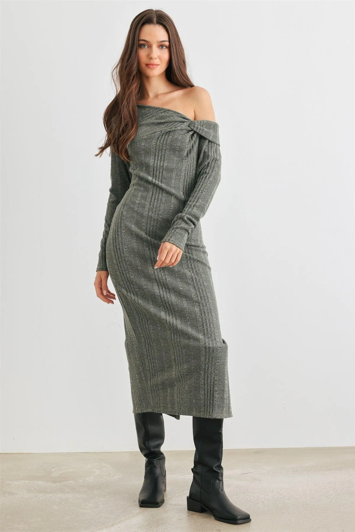 Dark Olive Ribbed Knit One Shoulder Long Sleeve Twist Detail Midi Dress /2-2-2