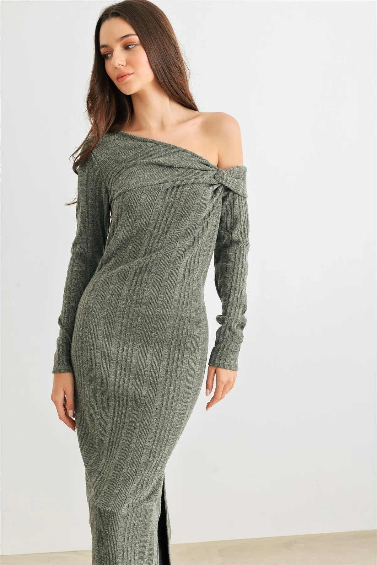 Dark Olive Ribbed Knit One Shoulder Long Sleeve Twist Detail Midi Dress /2-2-2