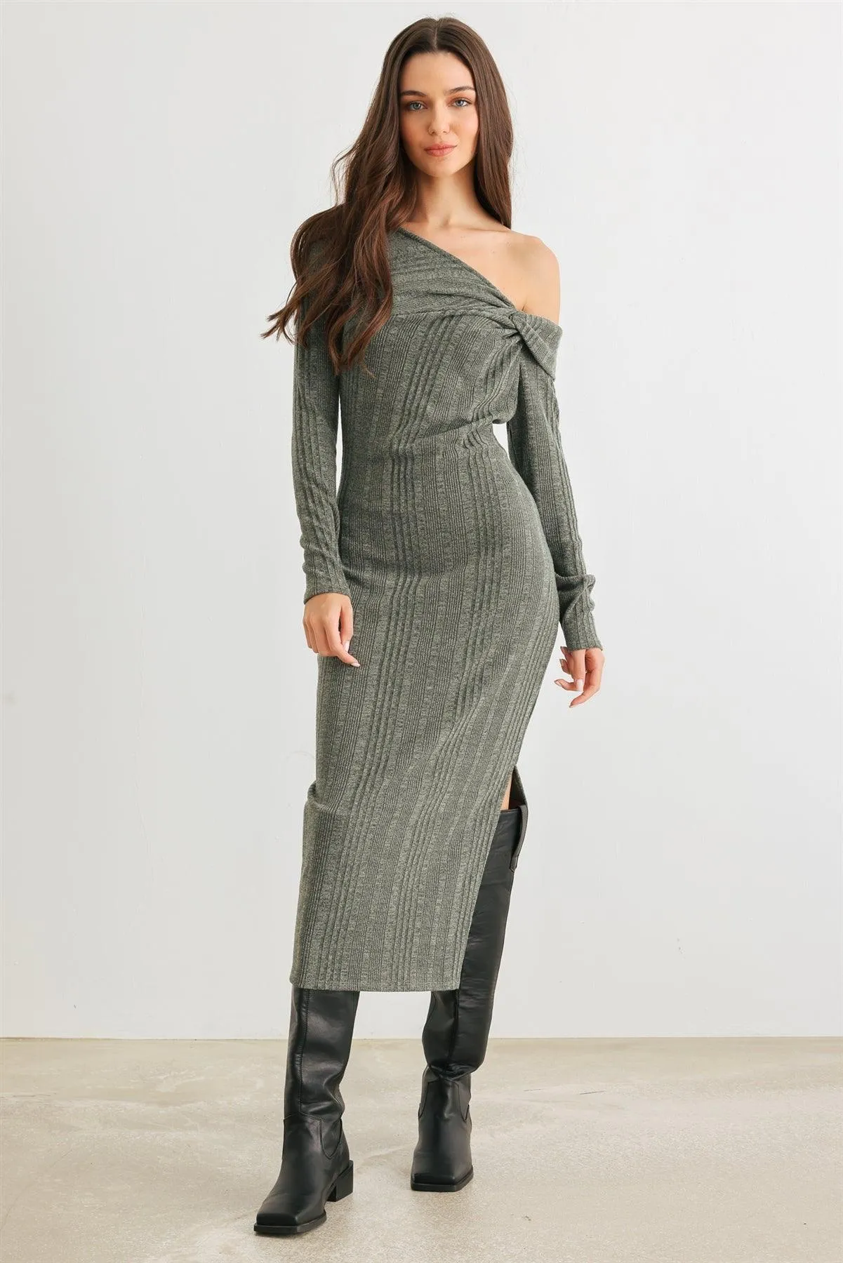 Dark Olive Ribbed Knit One Shoulder Long Sleeve Twist Detail Midi Dress /2-2-2