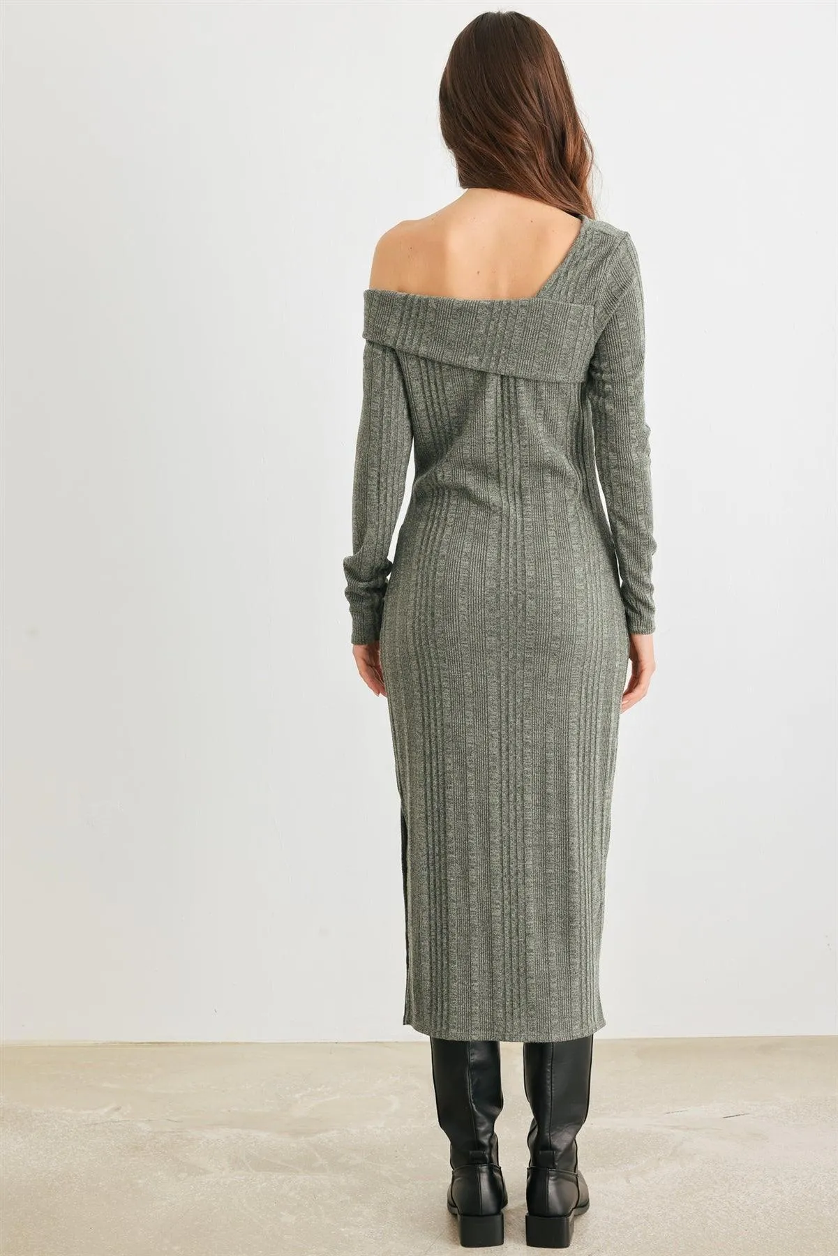 Dark Olive Ribbed Knit One Shoulder Long Sleeve Twist Detail Midi Dress /2-2-2