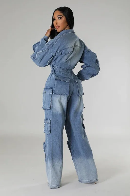 Denim Cargo Ruffle Sleeve Jumpsuit (Belt not included)