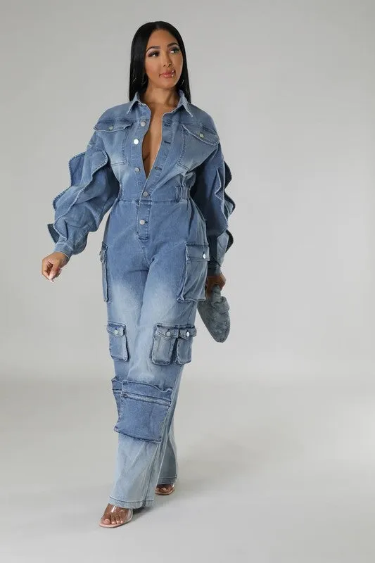 Denim Cargo Ruffle Sleeve Jumpsuit (Belt not included)