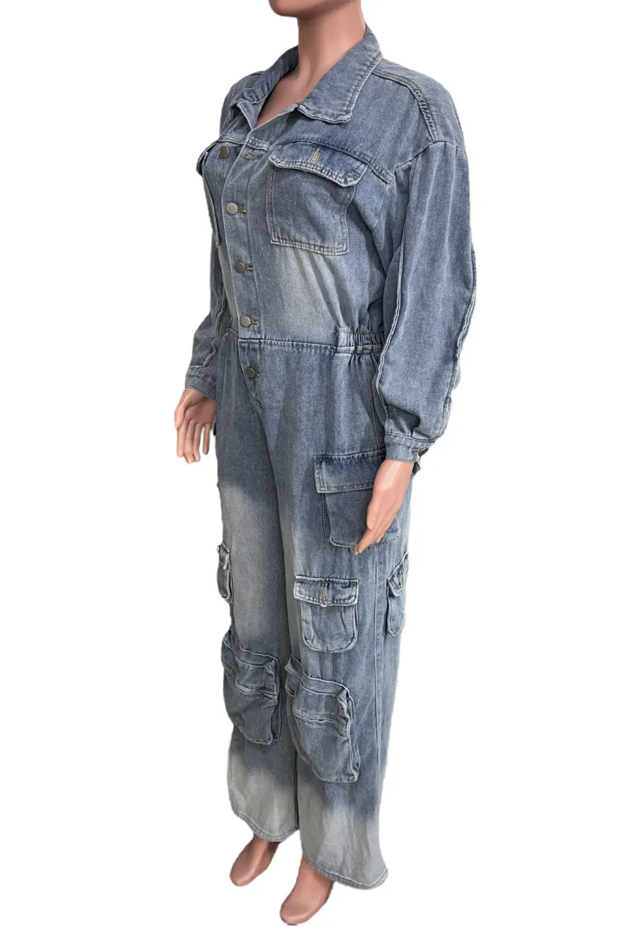 Denim Cargo Ruffle Sleeve Jumpsuit (Belt not included)