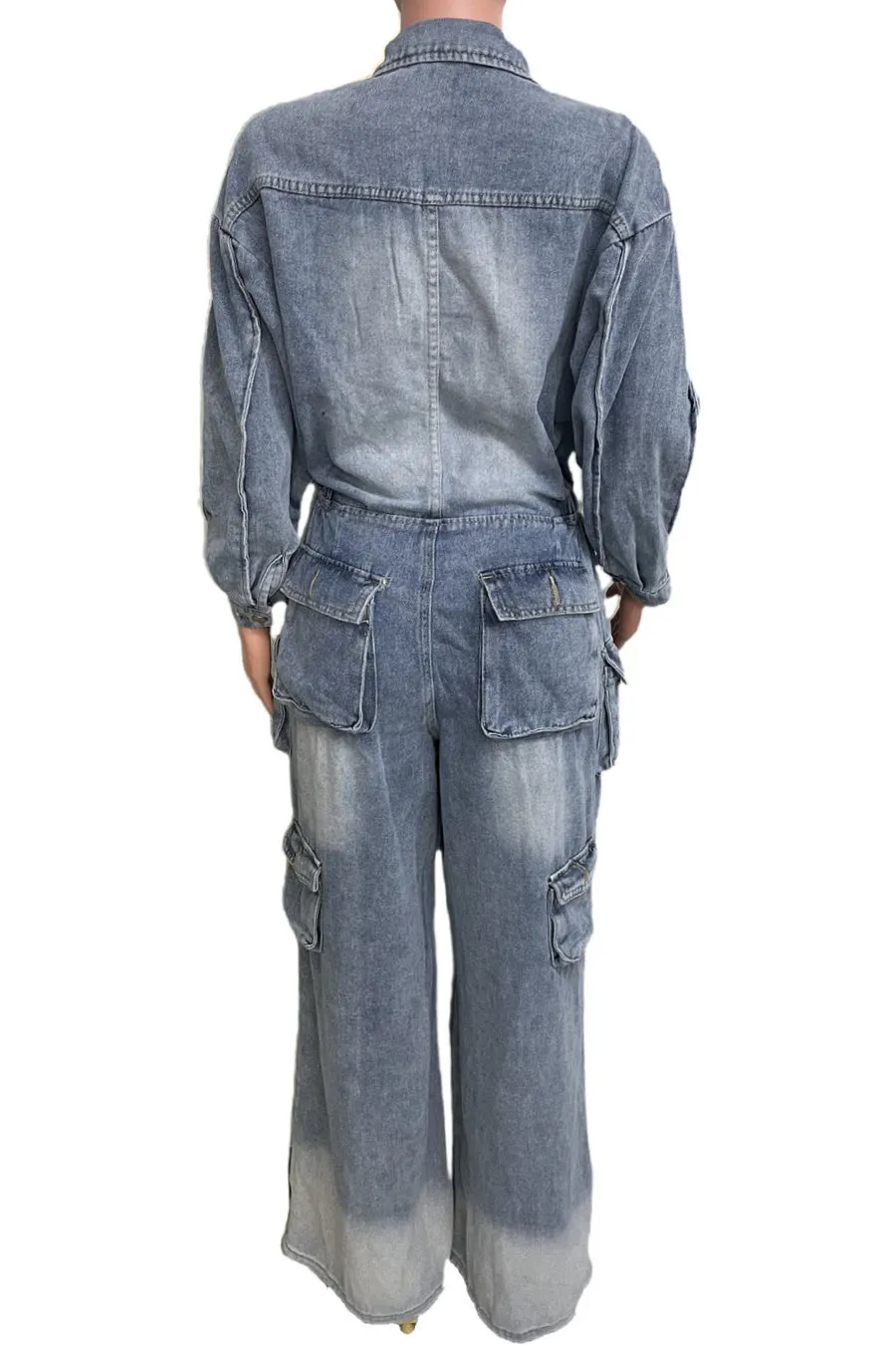 Denim Cargo Ruffle Sleeve Jumpsuit (Belt not included)