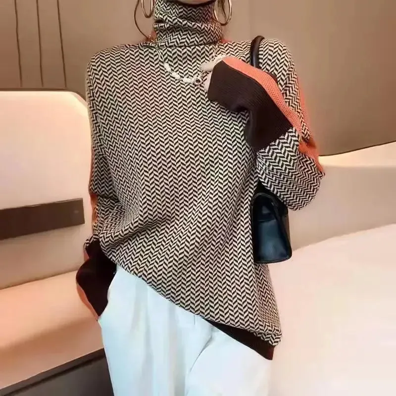 Designer Herringbone Knit Turtleneck SM-3XL