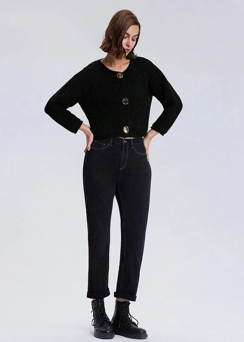 Donni Cropped Knit Cardigan in Black