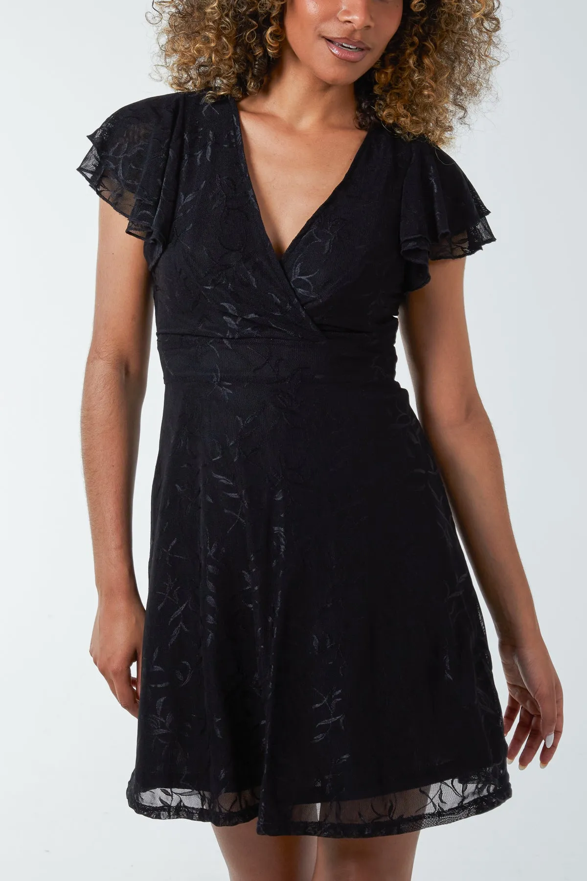 Embroidery Double Frill Wrap Mini Dress