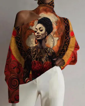 Ethnic Black Girl Oil Print Cut-out Shoulder High Neck Top
