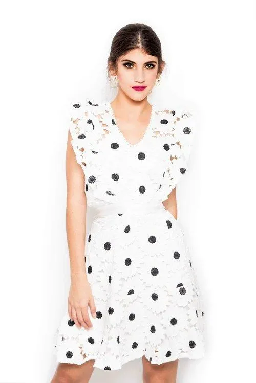 Exquisite bold sleeveless white lace ruffle sleeve polka embroidered cocktail dress- Ami