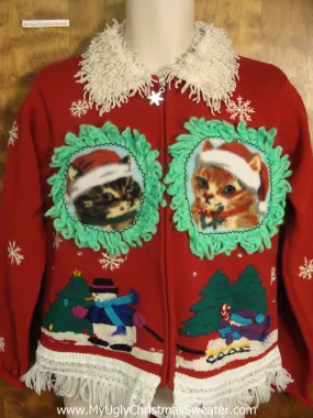 Festive Sledding Scene with Kittens Ugly Christmas Sweater