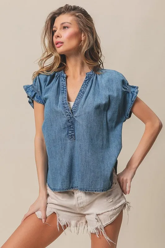 FINAL SALE!! Cassidy Ruffle Washed Denim Top