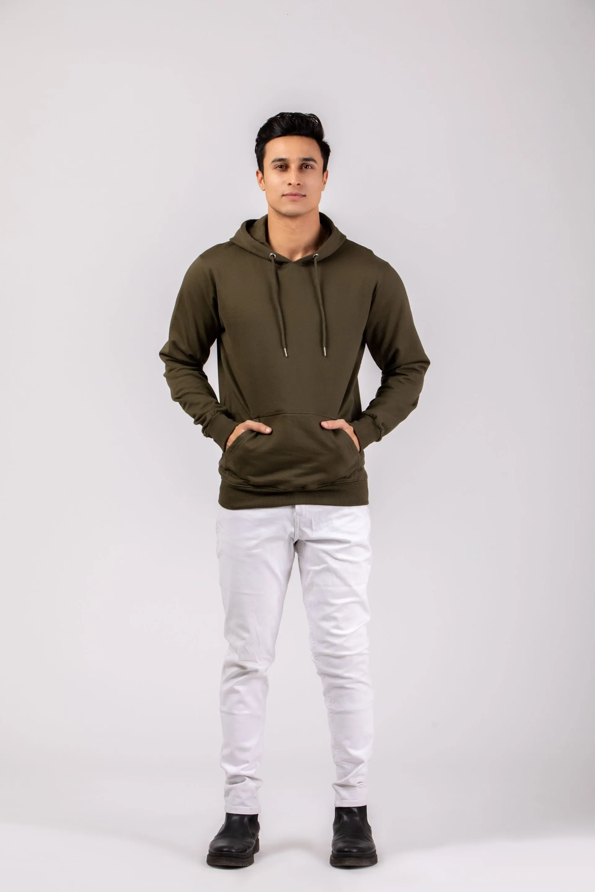 Firangi Yarn Super Soft Cotton Fern Olive Hoodie With Kangaroo Pockets