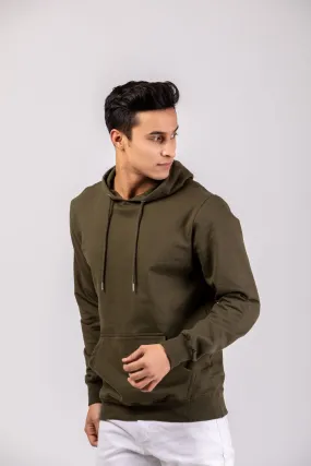 Firangi Yarn Super Soft Cotton Fern Olive Hoodie With Kangaroo Pockets
