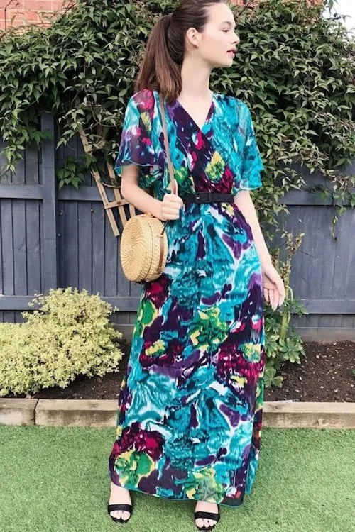 Floral Print Chiffon Wrap Maxi Dress