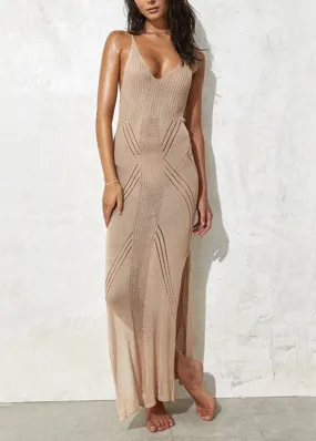 FLYTONN- Classy Khaki Side Open Knit Swimwear Cover Up Long Dress VC053