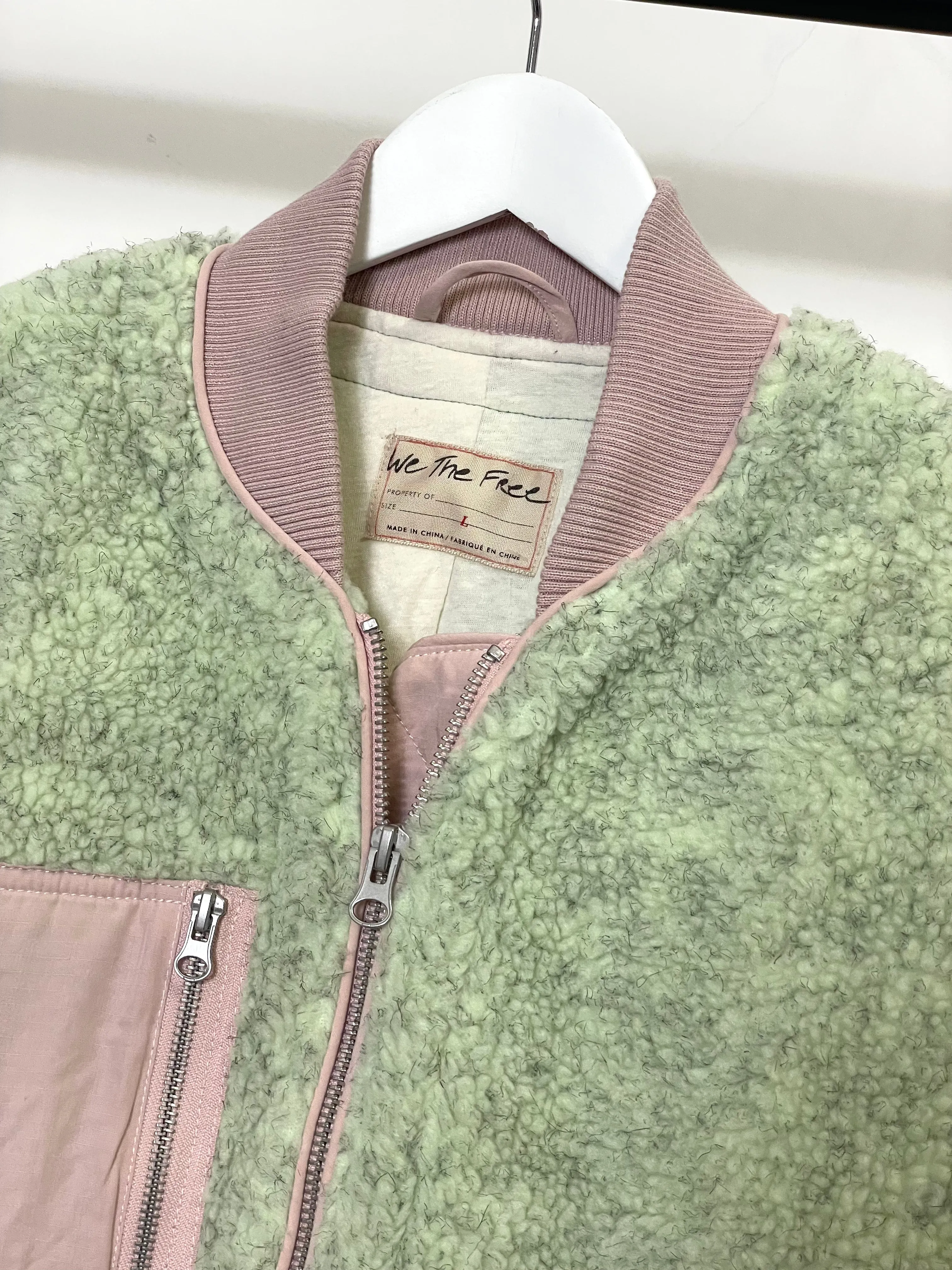 Free People Women's Rivington Sherpa Jacket Full Zip in Green/Pink