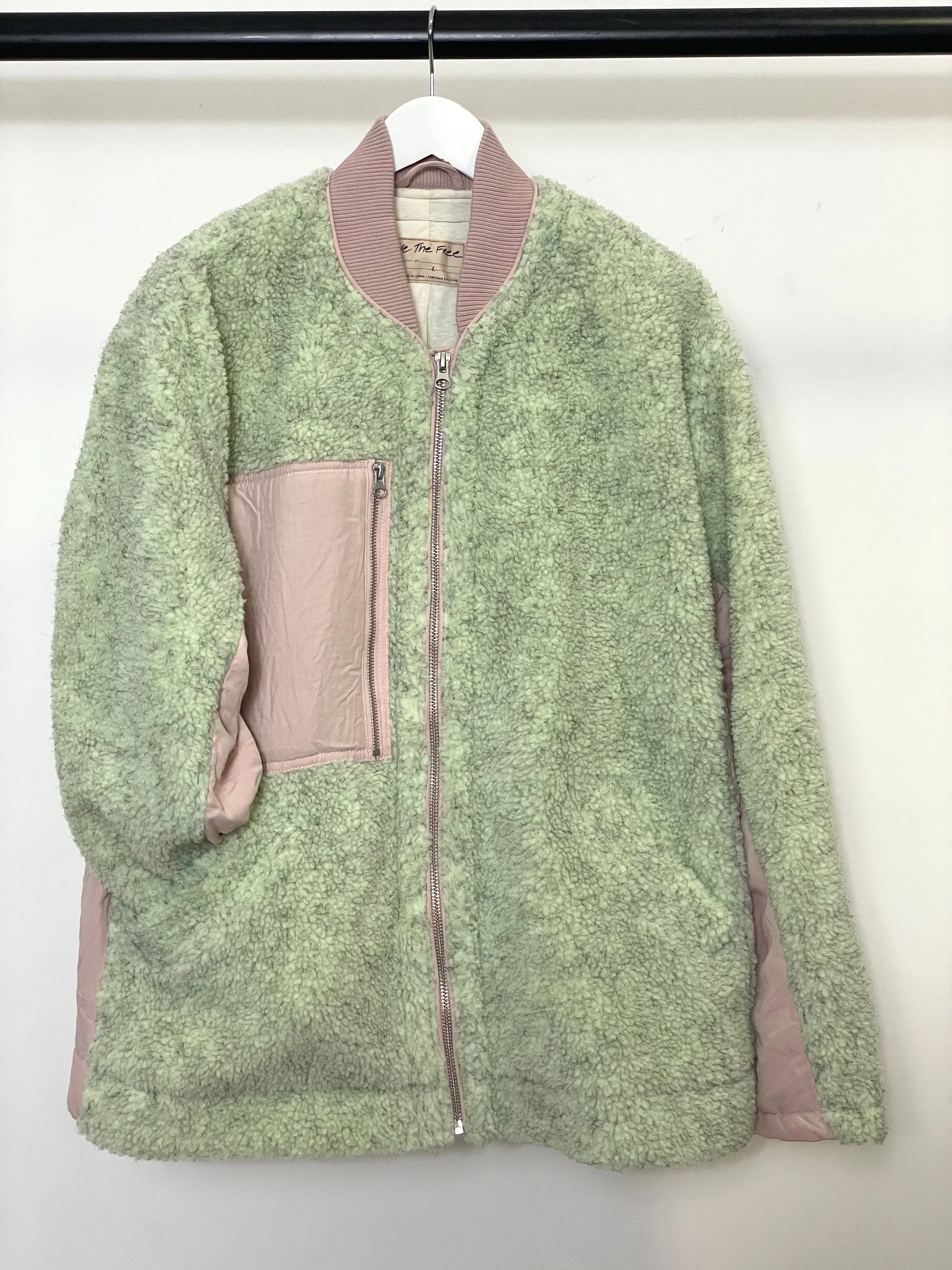 Free People Women's Rivington Sherpa Jacket Full Zip in Green/Pink