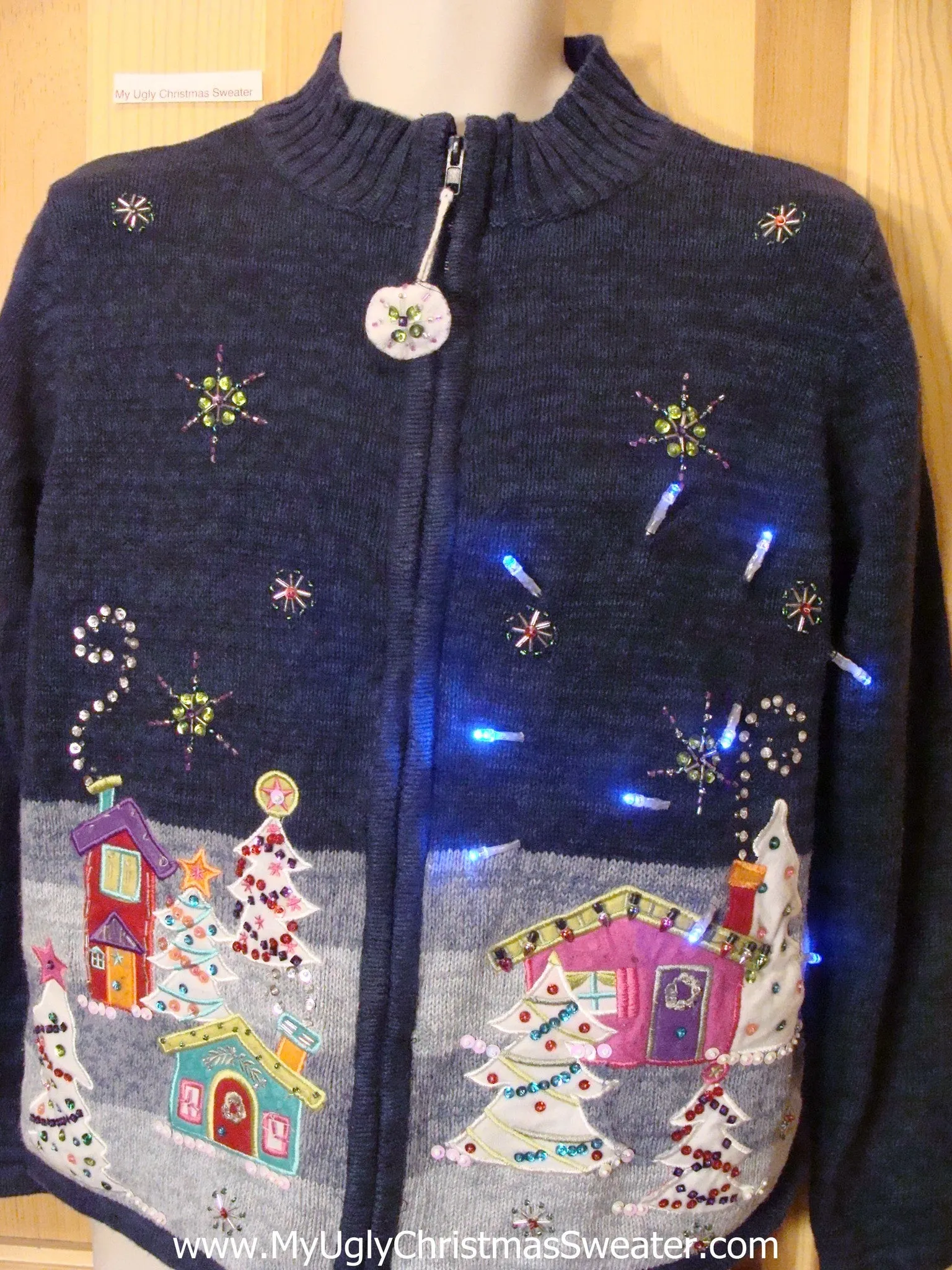 Funny Christmas Sweater with Lights Nighttime Town