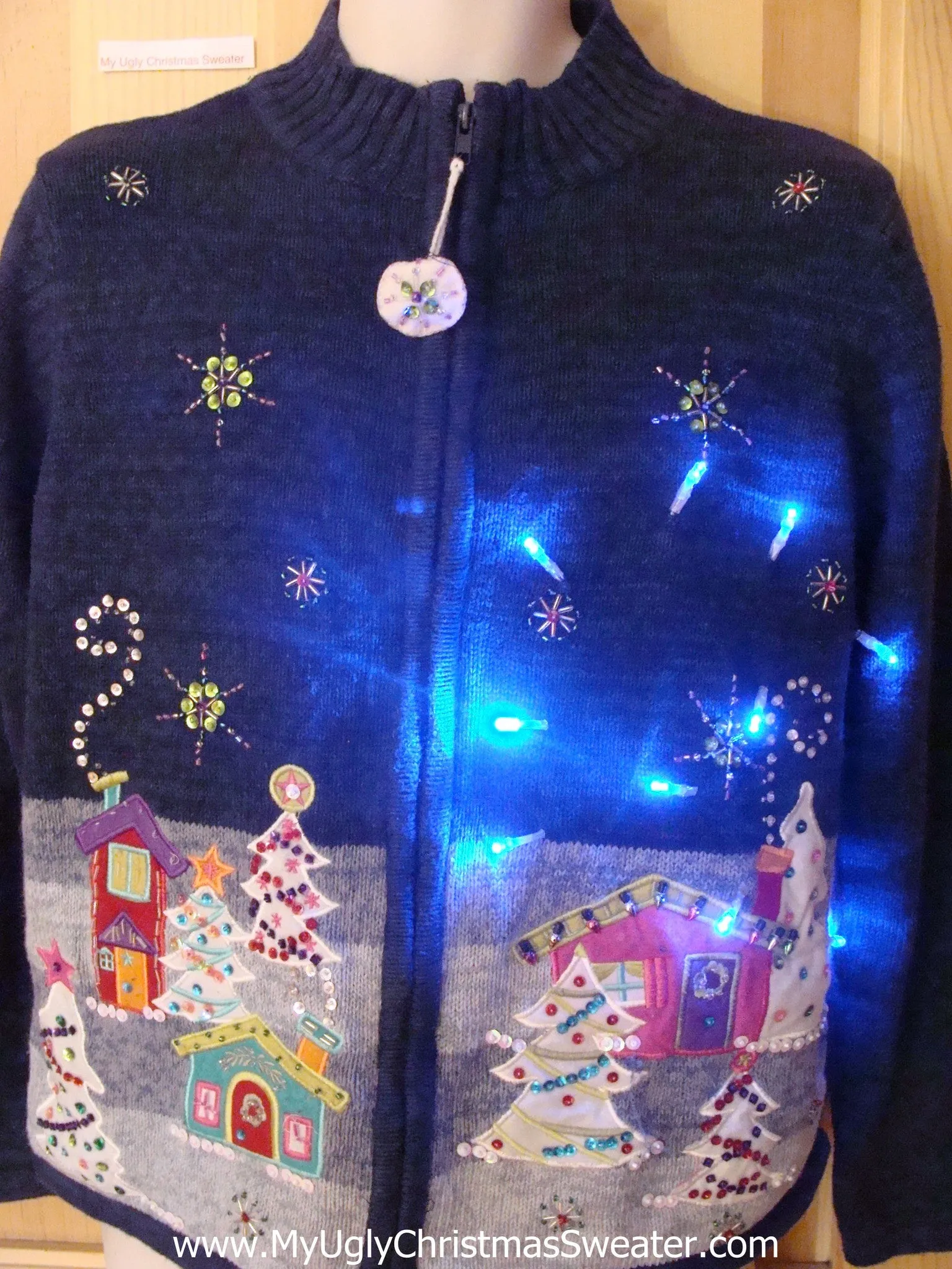 Funny Christmas Sweater with Lights Nighttime Town