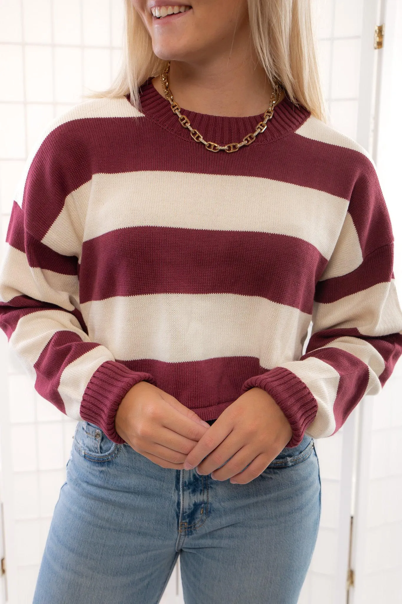 Garnet Long Sleeve Striped Crop Sweater