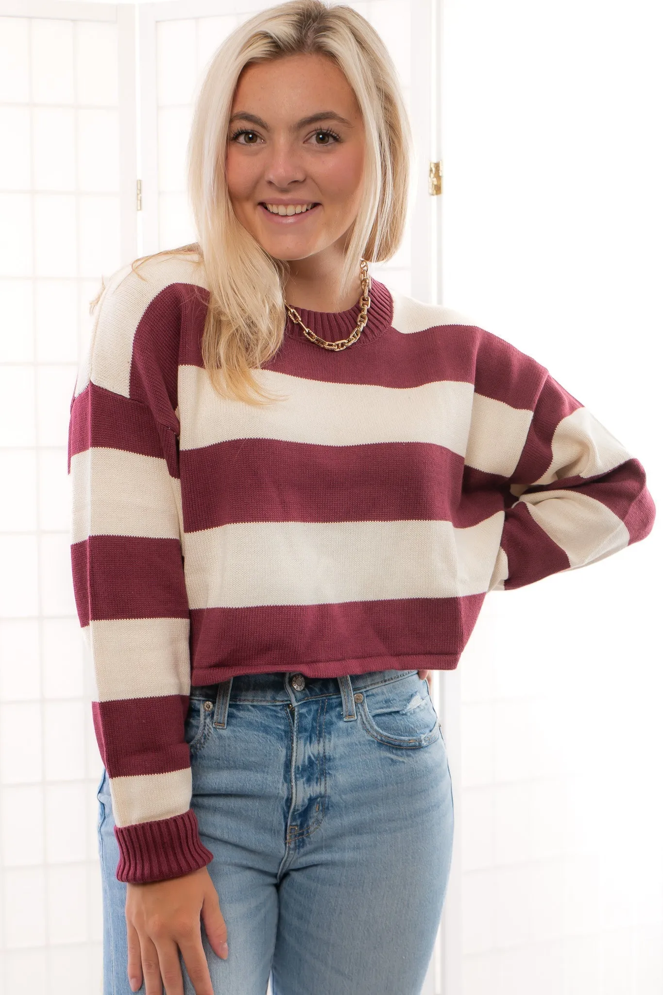 Garnet Long Sleeve Striped Crop Sweater