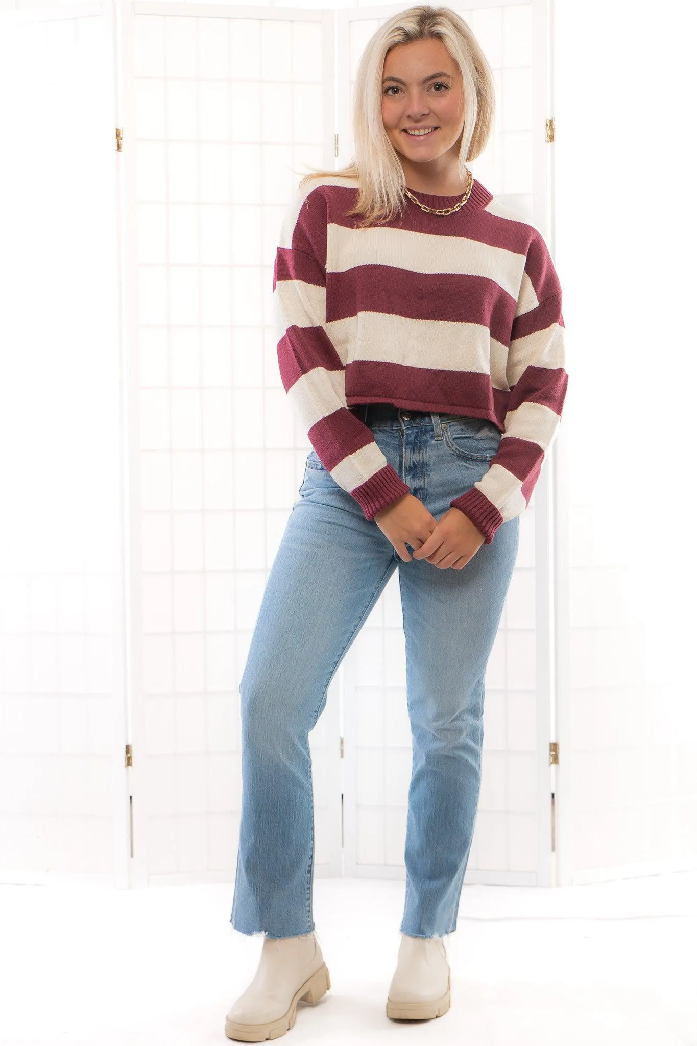Garnet Long Sleeve Striped Crop Sweater