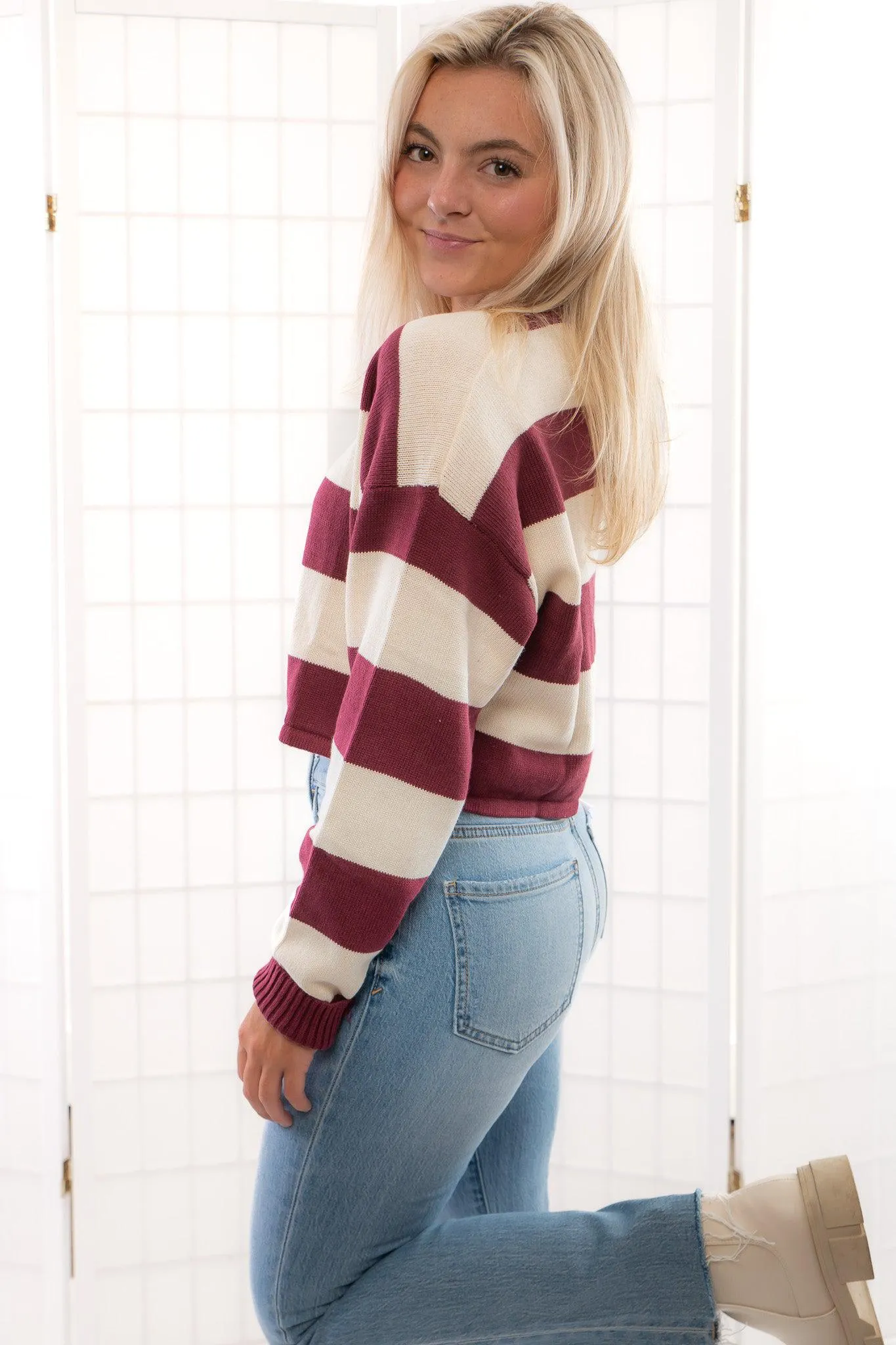Garnet Long Sleeve Striped Crop Sweater