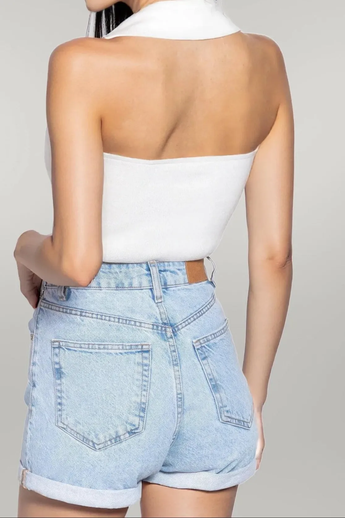 Halter Ruched Crop Sweater Knit Top