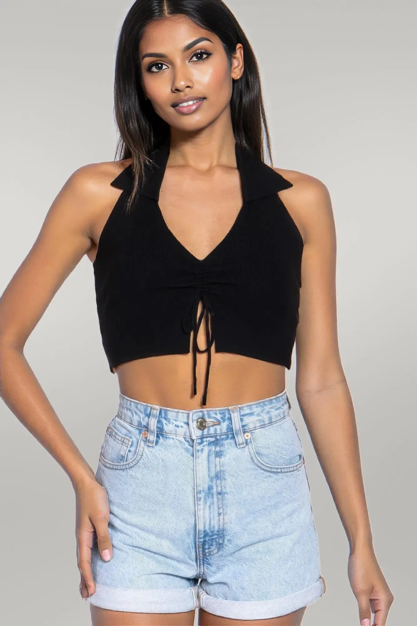 Halter Ruched Crop Sweater Knit Top