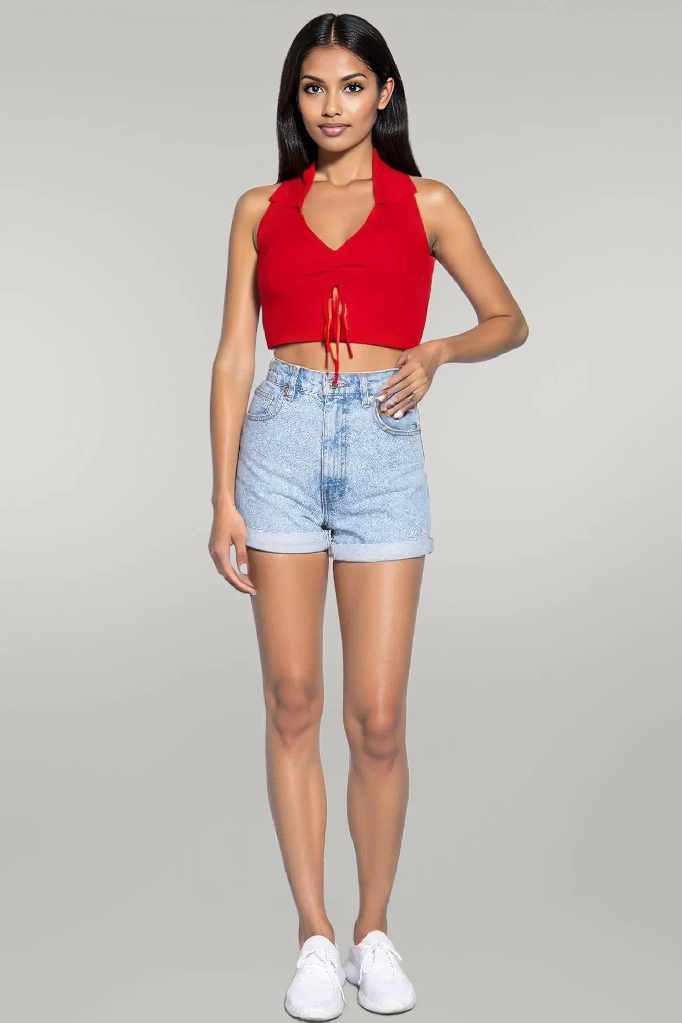 Halter Ruched Crop Sweater Knit Top