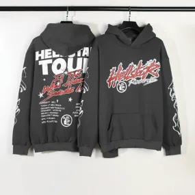 Hellstar Hoodie Vintage Distressed Flame Graffiti Printing Velvet Padded Loose Casual