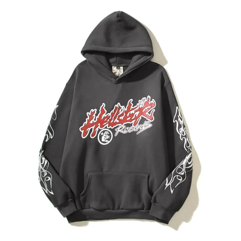Hellstar Hoodie Vintage Distressed Flame Graffiti Printing Velvet Padded Loose Casual