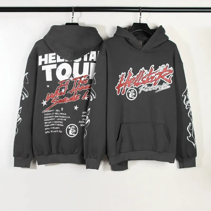 Hellstar Hoodie Vintage Distressed Flame Graffiti Printing Velvet Padded Loose Casual