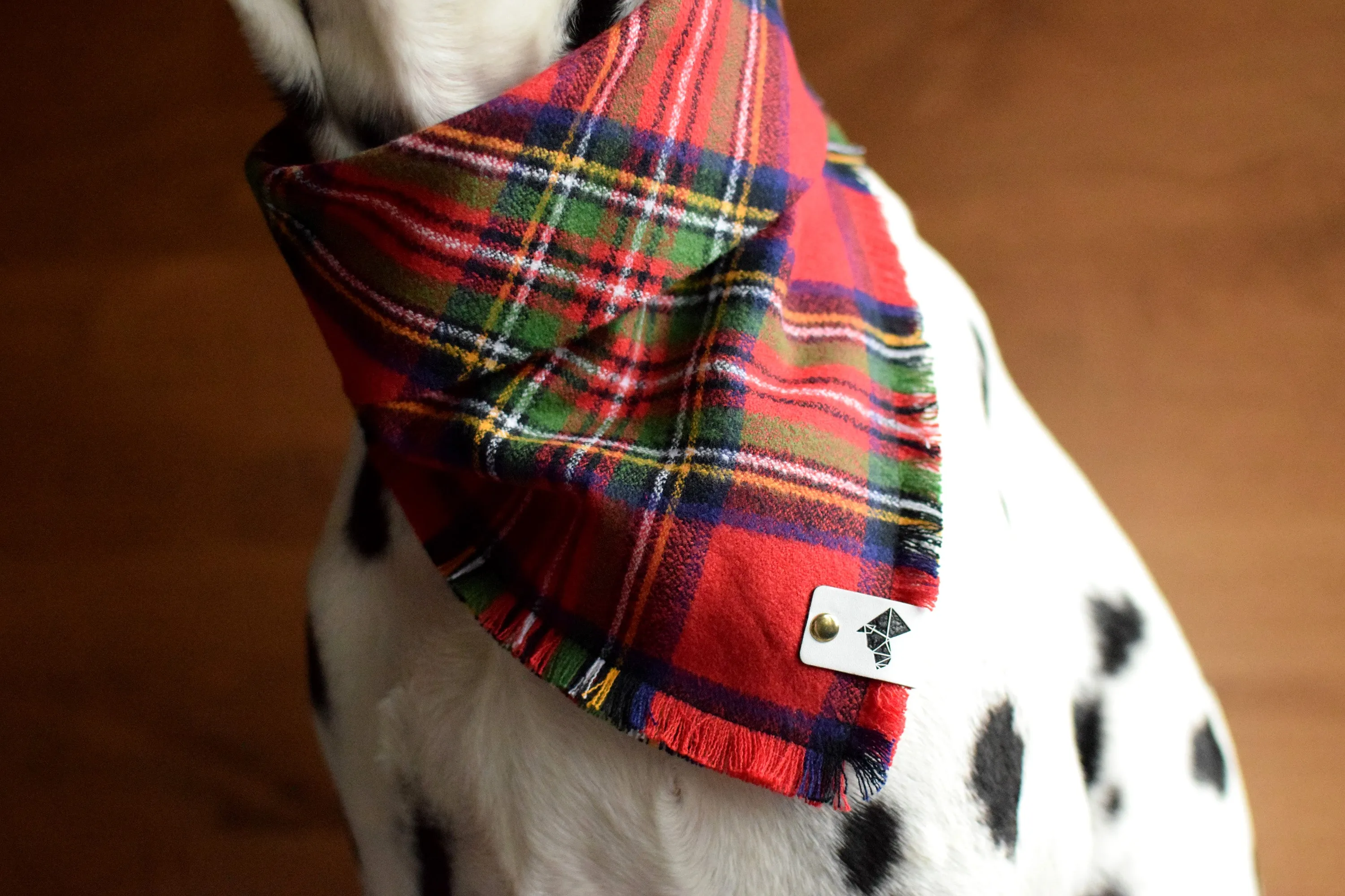 HOLLY Fringed Flannel Dog Bandana - Snap/Tie On Cotton Scarf