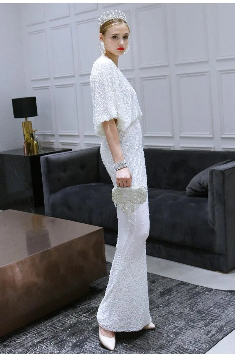 Limited edition White evening dress heavy beaded fishtail dress long evening wedding gown female - sIQ