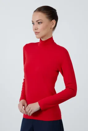 Long Sleeve Knitted Red Blouse with Zipper Back Turtleneck