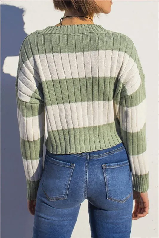 MDX Green V Neck Striped Crop Women's Sweater MG1441 - San Nicolás de los Garza