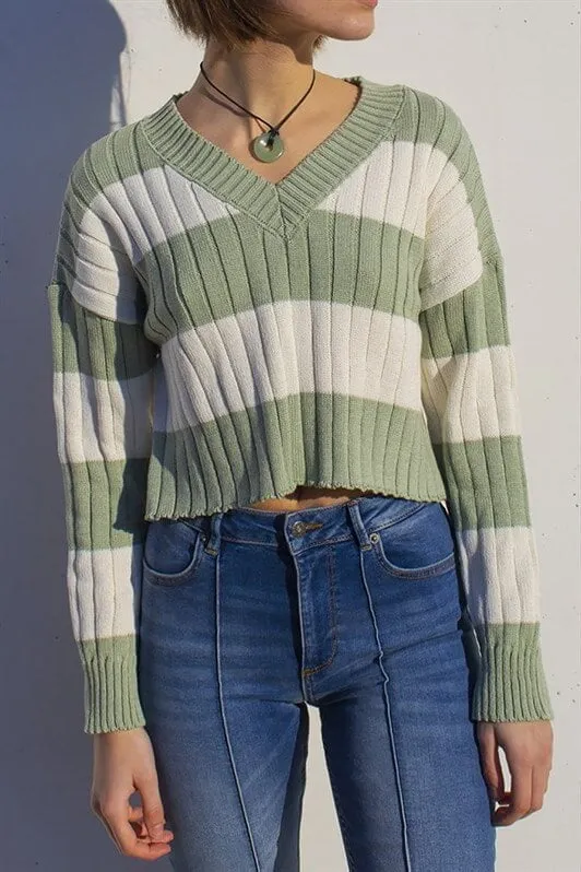 MDX Green V Neck Striped Crop Women's Sweater MG1441 - San Nicolás de los Garza