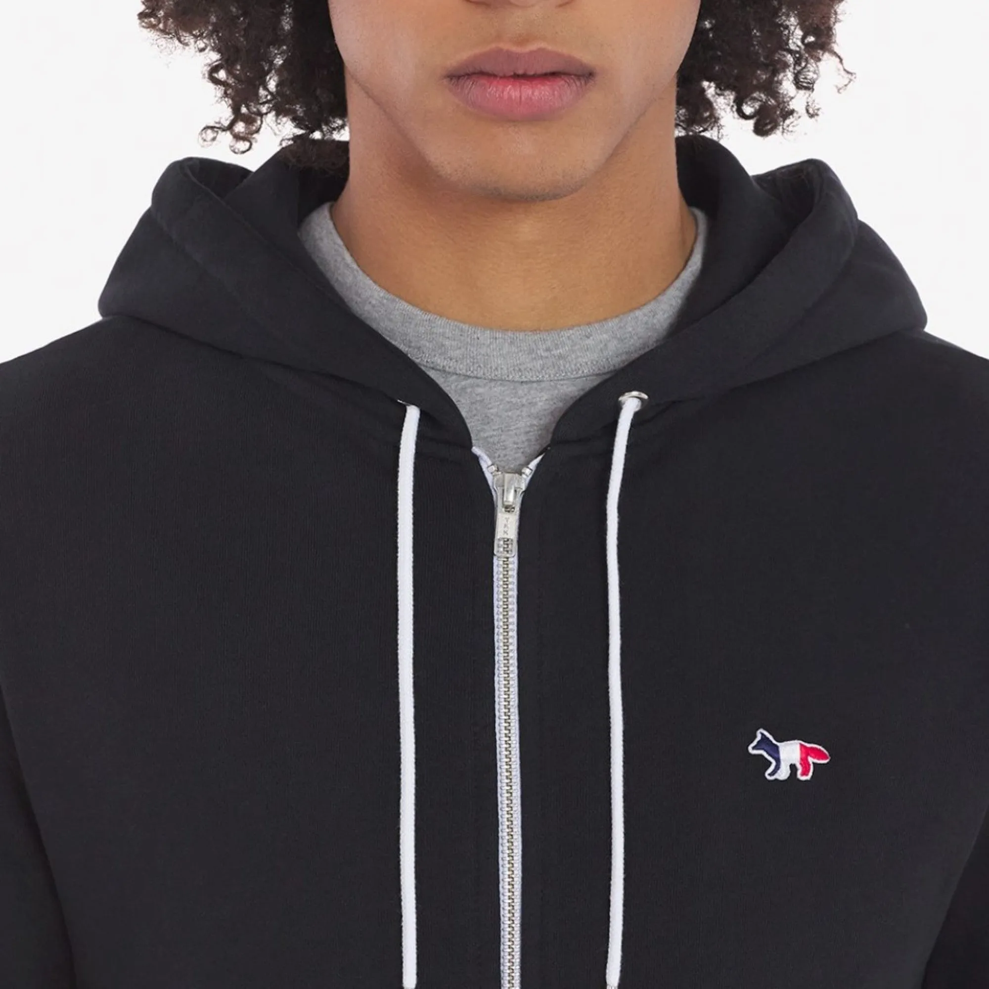 Men Tricolor Fox Patch Zip Hoodie - Black