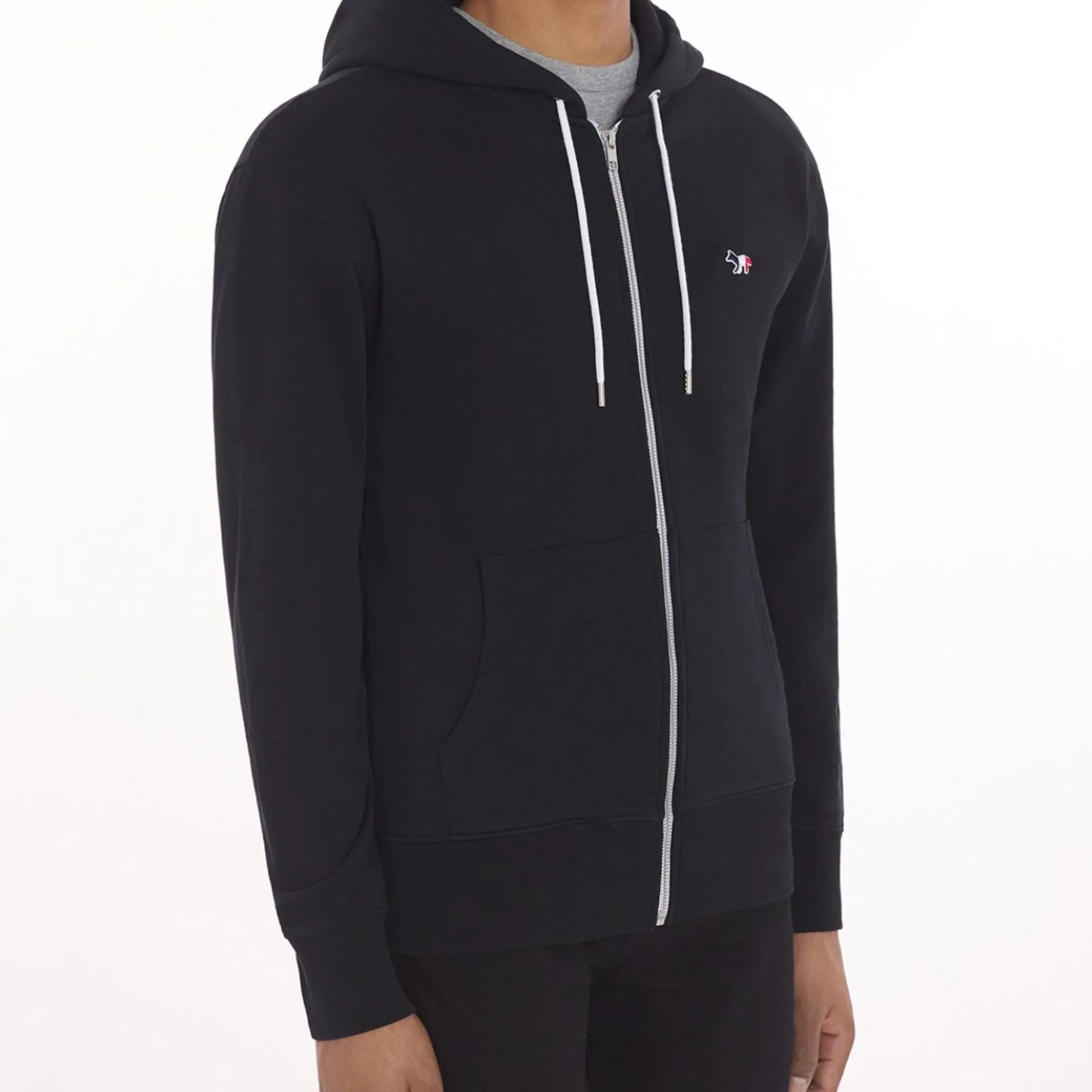 Men Tricolor Fox Patch Zip Hoodie - Black