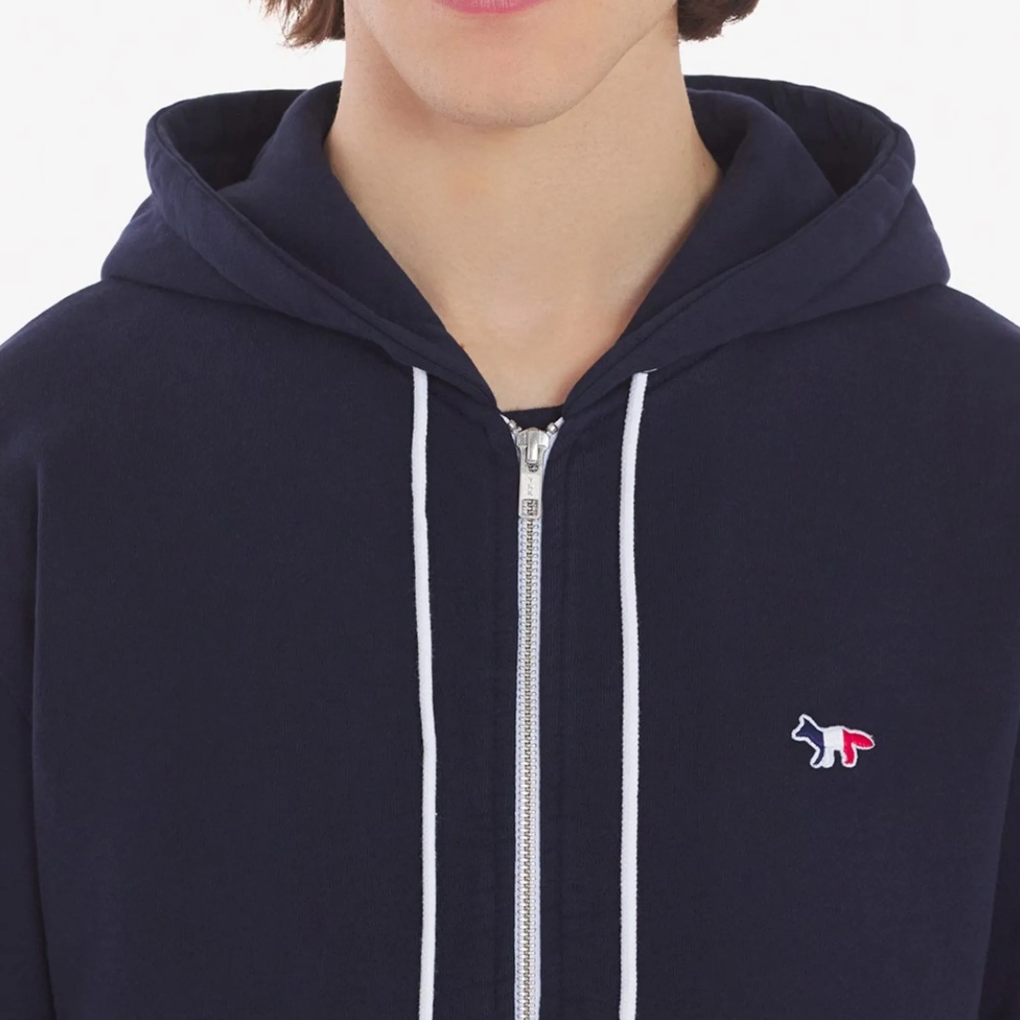 Men Tricolor Fox Patch Zip Hoodie - Navy