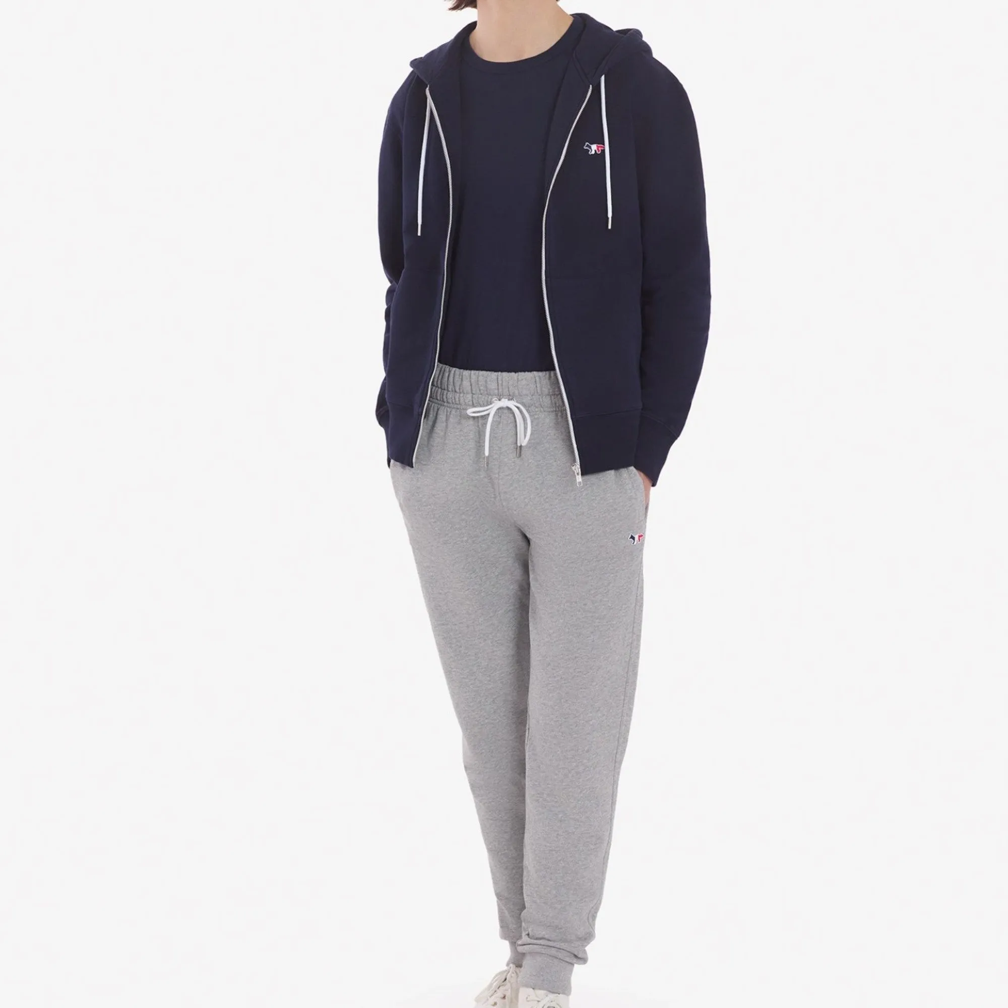 Men Tricolor Fox Patch Zip Hoodie - Navy