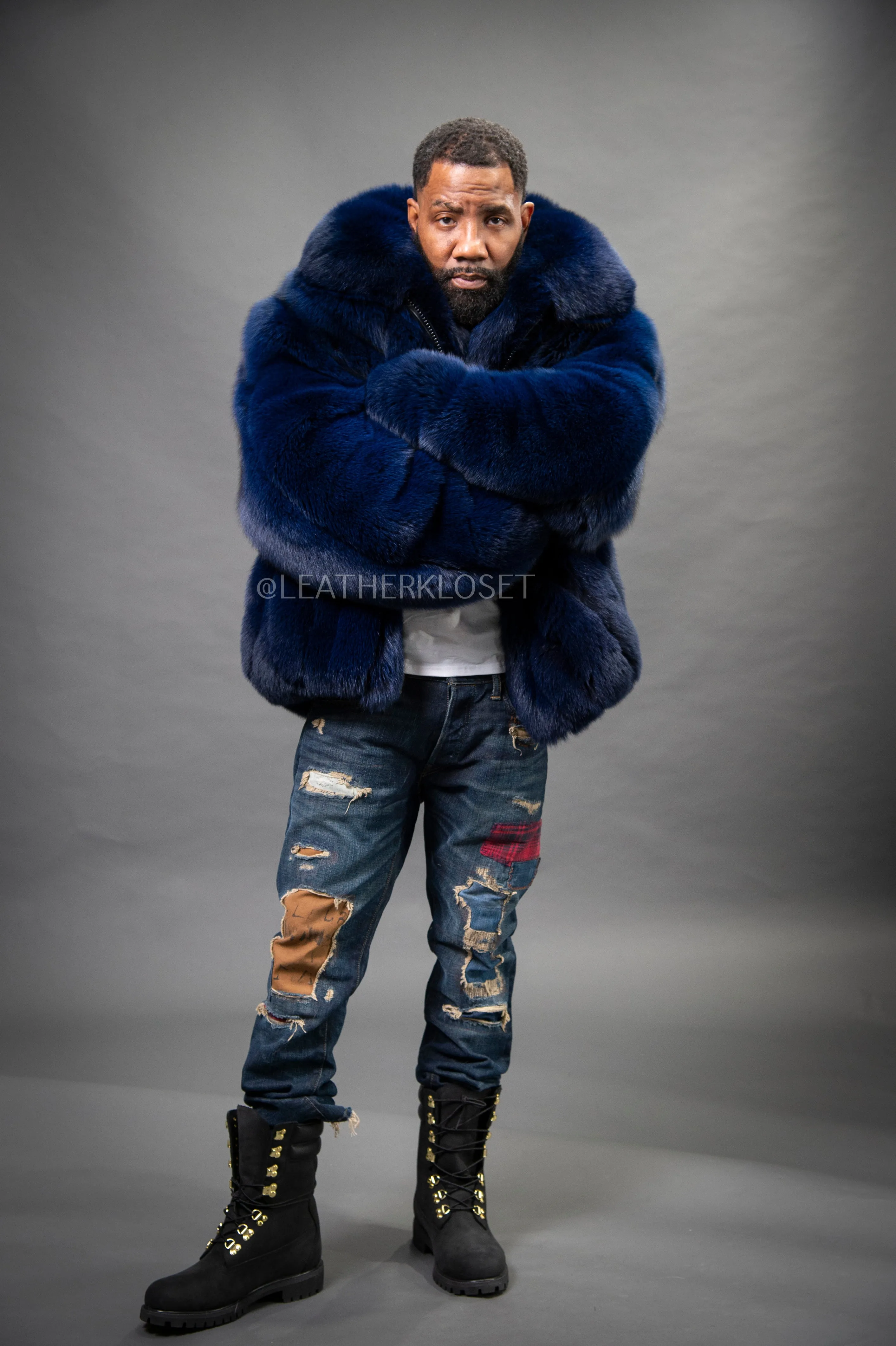 Men's Fox Fur Bomber Jacket [Navy Blue]