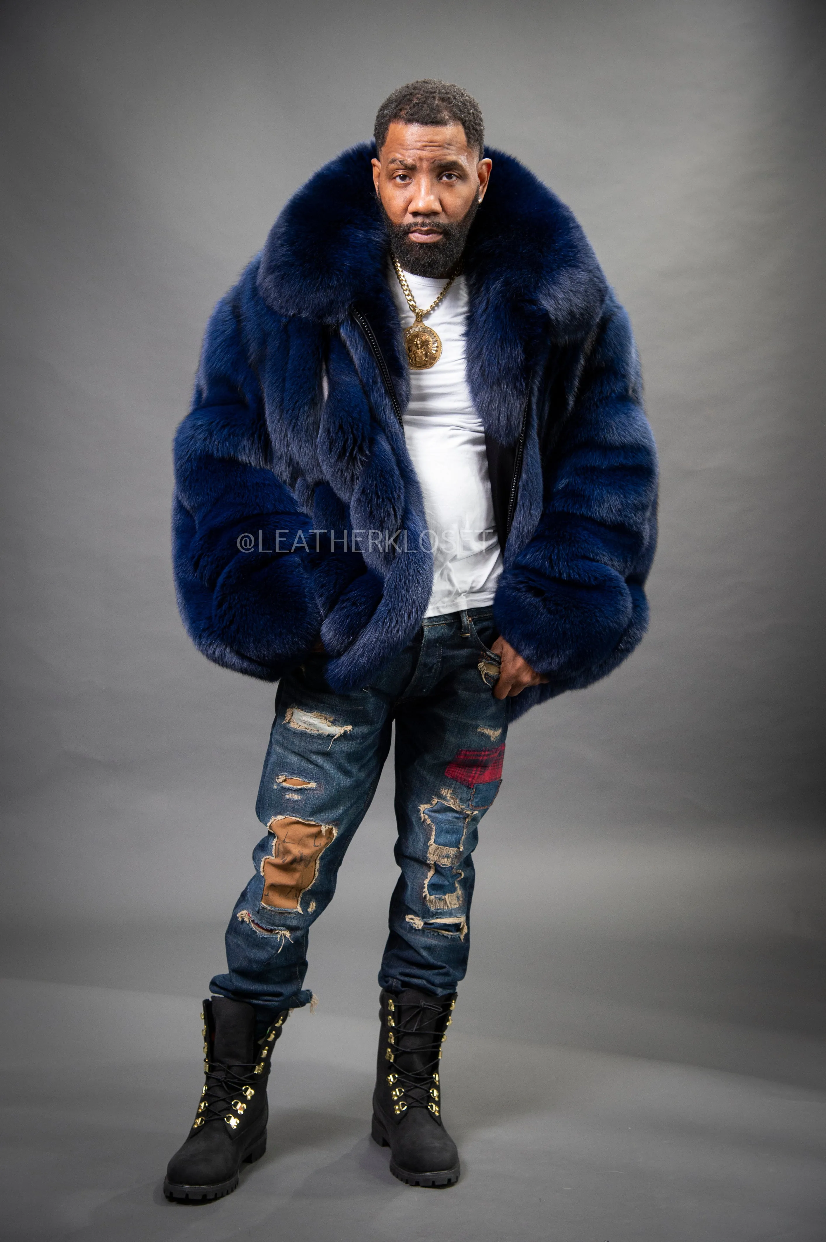 Men's Fox Fur Bomber Jacket [Navy Blue]